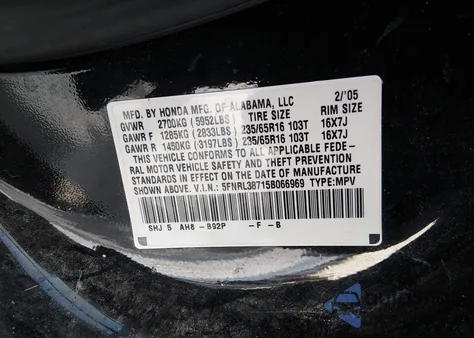 2005 Honda Odyssey из США, поврежденный, VIN 5FNL38715B006969